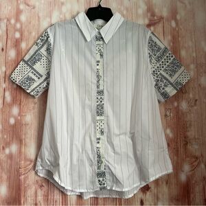 Clu Too White Striped Blue Bandana Paisley Mixed Media Printed Button Up Shirt